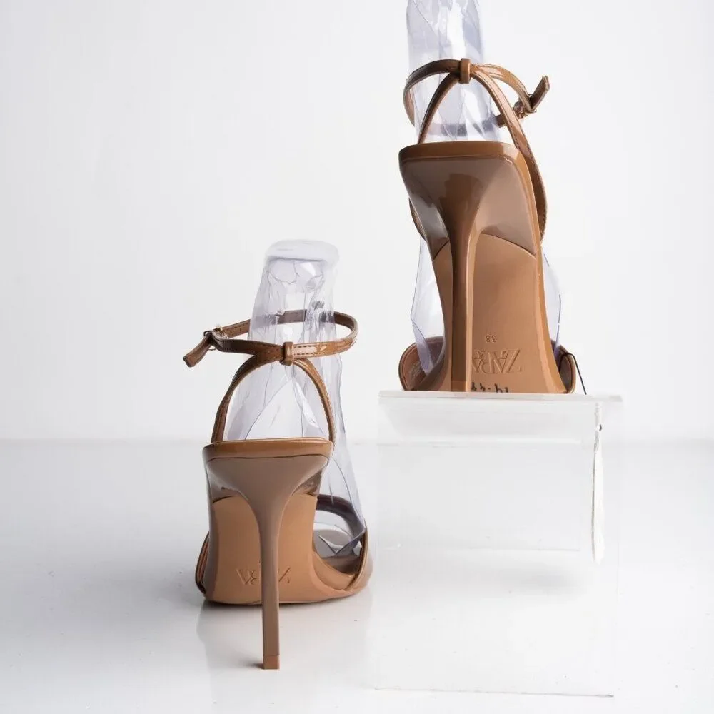 Zara Womens Glossy Mule Strappy Heels Brown US 7.5 EU 38 New with Defects - Picture 6 of 9